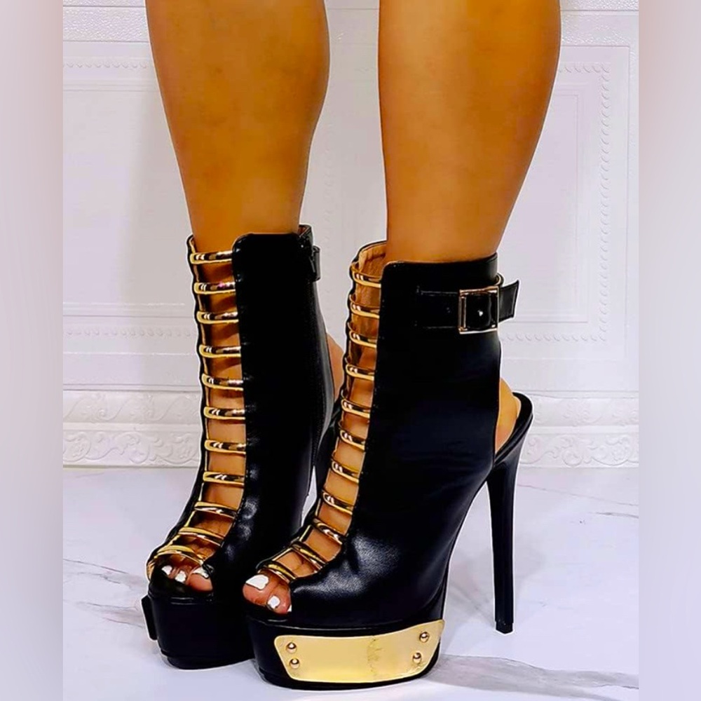 High Heels Open Toe Platform Black And Gold Woman Size 40 (9)